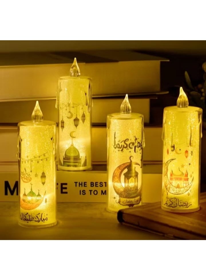 طقم 4 مصابيح شموع كريستالية LED بنقوش رمضانية—أنيقة وآمنة، مثالية لتزيين أجواء رمضان.